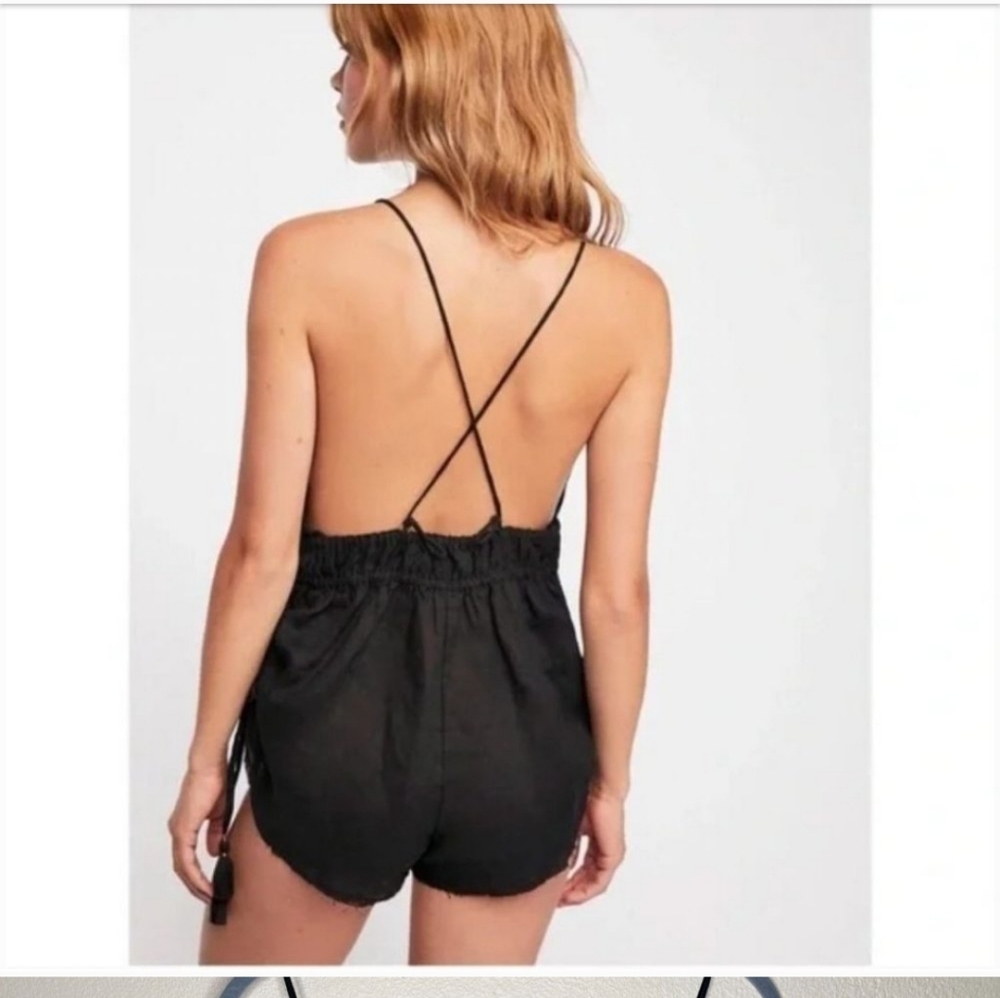 Intimately Free People Black Tassel Linen Strappy Romper Onesie Medium Surplice - Picture 3 of 6